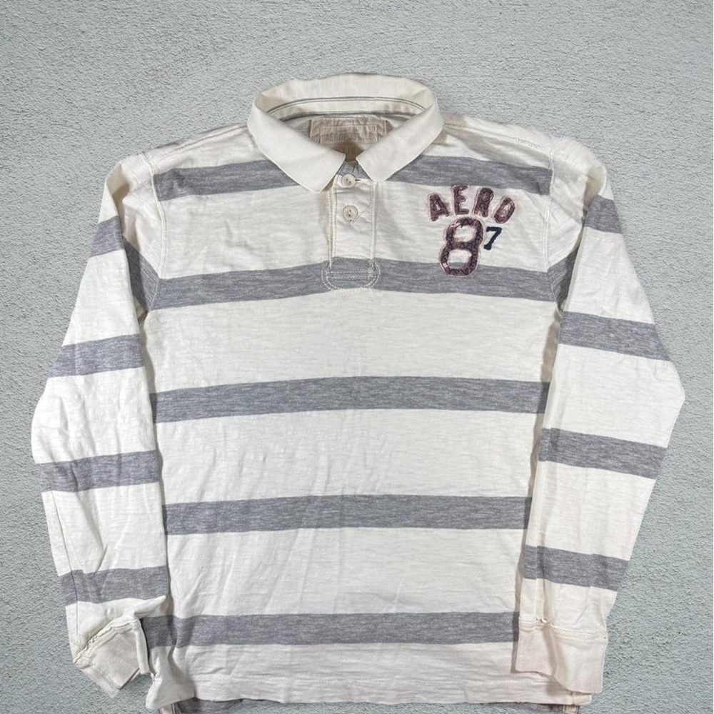 Aeropostale Mens Gray White Striped Long Sleeve Polo Shirt Aero 87 Y2K Large